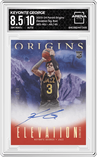 Keyonte George from the 2023-24 Panini Origins set featuring a Red parallel graded by Arena Club and given an overall grade of 8.5.