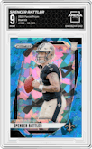 Spencer Rattler from the 2024 Panini Prizm set featuring a Blue Ice parallel graded by Arena Club and given an overall grade of 9.