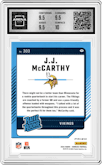 J.J. McCarthy from the 2024 Donruss set featuring a Red Wave parallel graded by Arena Club and given an overall grade of 10.