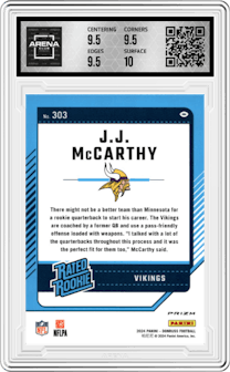 J.J. McCarthy from the 2024 Donruss set featuring a Red Wave parallel graded by Arena Club and given an overall grade of 10.