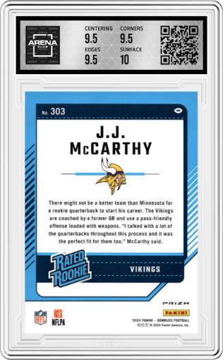 J.J. McCarthy from the 2024 Donruss set featuring a Red Wave parallel graded by Arena Club and given an overall grade of 10.