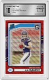 J.J. McCarthy from the 2024 Donruss set featuring a Red Wave parallel graded by Arena Club and given an overall grade of 10.