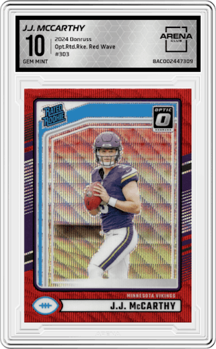 J.J. McCarthy from the 2024 Donruss set featuring a Red Wave parallel graded by Arena Club and given an overall grade of 10.