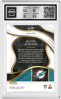 De'Von Achane from the 2023 Panini Select set featuring a Cosmic parallel and given an overall grade of 10.