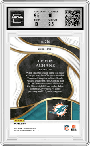 De'Von Achane from the 2023 Panini Select set featuring a Cosmic parallel graded by Arena Club and given an overall grade of 10.