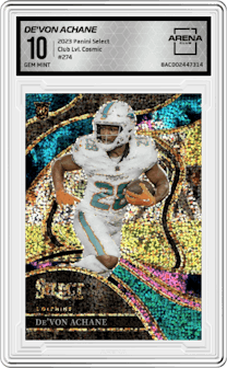 De'Von Achane from the 2023 Panini Select set featuring a Cosmic parallel and given an overall grade of 10.