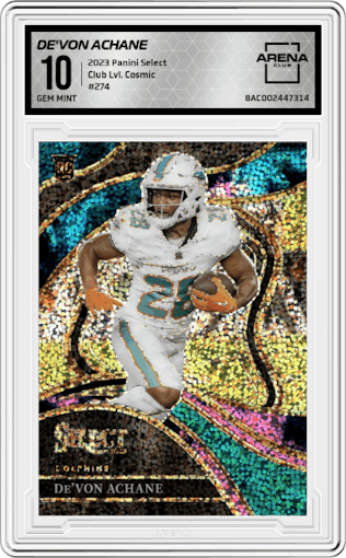 De'Von Achane from the 2023 Panini Select set featuring a Cosmic parallel graded by Arena Club and given an overall grade of 10.