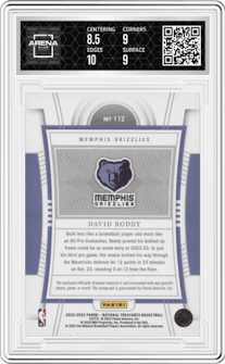 David Roddy from the 2022-23 Panini National Treasures set featuring a Bronze  parallel graded by Arena Club and given an overall grade of 9.