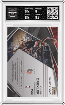 Clyde Drexler from the 2022-23 Panini Spectra set featuring a  Astral parallel graded by Arena Club and given an overall grade of 8.5.