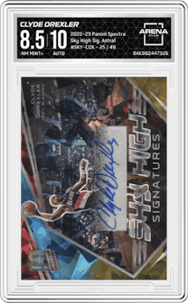 Clyde Drexler from the 2022-23 Panini Spectra set featuring a  Astral parallel graded by Arena Club and given an overall grade of 8.5.