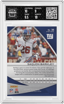 Saquon Barkley from the 2019 Panini Spectra set featuring a Neon Orange parallel graded by Arena Club and given an overall grade of 9.5.