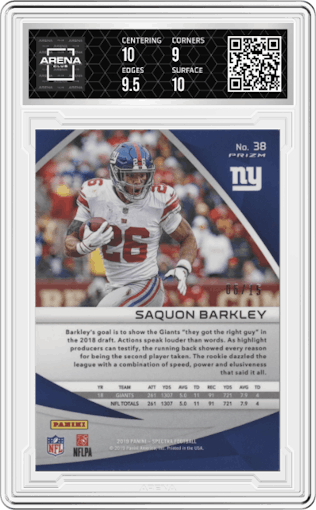 Saquon Barkley from the 2019 Panini Spectra set featuring a Neon Orange parallel graded by Arena Club and given an overall grade of 9.5.