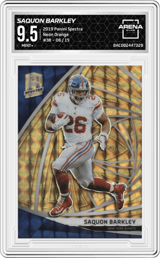 Saquon Barkley from the 2019 Panini Spectra set featuring a Neon Orange parallel graded by Arena Club and given an overall grade of 9.5.