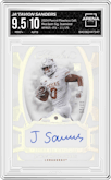 Ja'Tavion Sanders from the 2024 Panini Flawless Collegiate set featuring a Diamond parallel graded by Arena Club and given an overall grade of 9.5.