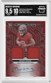 Bucky Irving from the 2024 Panini Obsidian set featuring a Red parallel graded by Arena Club and given an overall grade of 9.5.