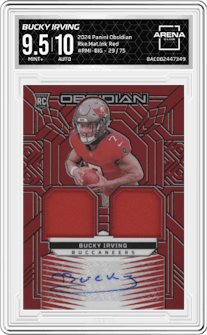 Bucky Irving from the 2024 Panini Obsidian set featuring a Red parallel graded by Arena Club and given an overall grade of 9.5.