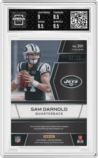 Sam Darnold from the 2018 Panini Spectra set featuring a Pink parallel graded by Arena Club and given an overall grade of 9.