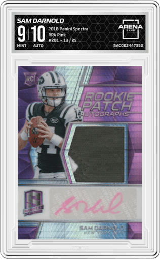 Sam Darnold from the 2018 Panini Spectra set featuring a Pink parallel graded by Arena Club and given an overall grade of 9.