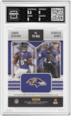 Lamar Jackson/Derrick Henry from the 2024 Panini Rookies & Stars set featuring a Prime parallel graded by Arena Club and given an overall grade of 9.