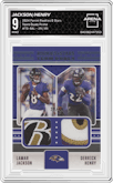 Lamar Jackson/Derrick Henry from the 2024 Panini Rookies & Stars set featuring a Prime parallel graded by Arena Club and given an overall grade of 9.