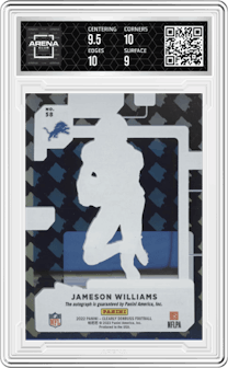 Jameson Williams from the 2022 Clearly Donruss set featuring a Holo RR Logo parallel graded by Arena Club and given an overall grade of 9.5.