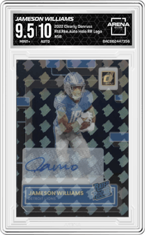 Jameson Williams from the 2022 Clearly Donruss set featuring a Holo RR Logo parallel graded by Arena Club and given an overall grade of 9.5.
