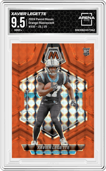 Xavier Legette from the 2024 Panini Mosaic set featuring a Orange Fluorescent parallel graded by Arena Club and given an overall grade of 9.5.