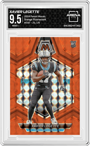 Xavier Legette from the 2024 Panini Mosaic set featuring a Orange Fluorescent parallel graded by Arena Club and given an overall grade of 9.5.