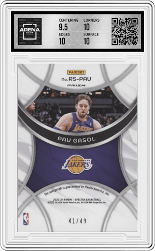 Pau Gasol from the 2023-24 Panini Spectra set graded by Arena Club and given an overall grade of 10.