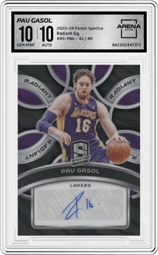 Pau Gasol from the 2023-24 Panini Spectra set graded by Arena Club and given an overall grade of 10.