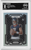 C.J. Stroud from the 2023 Panini Prizm set featuring a Silver Prizm parallel graded by Arena Club and given an overall grade of 8.