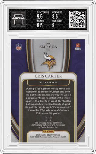 Cris Carter from the 2021 Panini Select set featuring a Green Prizm parallel graded by Arena Club and given an overall grade of 9.