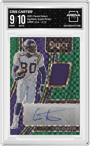 Cris Carter from the 2021 Panini Select set featuring a Green Prizm parallel graded by Arena Club and given an overall grade of 9.