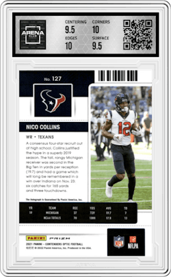 Nico Collins from the 2021 Panini Contenders Optic set and given an overall grade of 10.