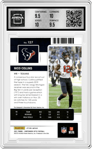 Nico Collins from the 2021 Panini Contenders Optic set graded by Arena Club and given an overall grade of 10.