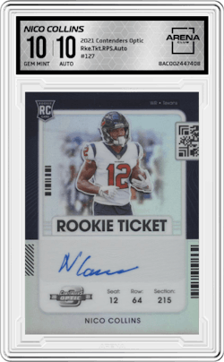 Nico Collins from the 2021 Panini Contenders Optic set and given an overall grade of 10.