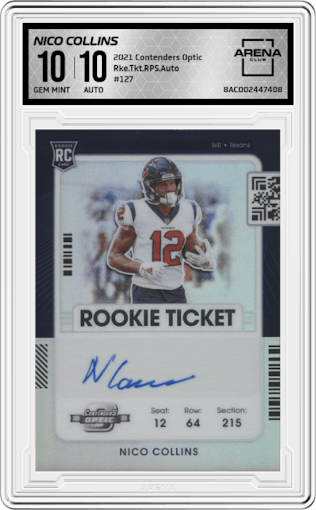 Nico Collins from the 2021 Panini Contenders Optic set graded by Arena Club and given an overall grade of 10.