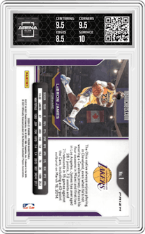 LeBron James from the 2020-21 Panini Prizm set featuring a Silver Prizm parallel graded by Arena Club and given an overall grade of 9.