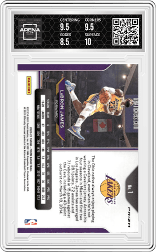 LeBron James from the 2020-21 Panini Prizm set featuring a Silver Prizm parallel graded by Arena Club and given an overall grade of 9.