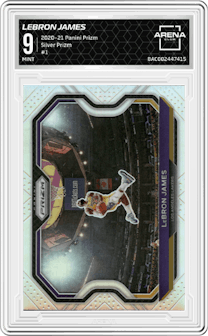 LeBron James from the 2020-21 Panini Prizm set featuring a Silver Prizm parallel graded by Arena Club and given an overall grade of 9.