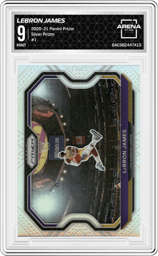 LeBron James from the 2020-21 Panini Prizm set featuring a Silver Prizm parallel graded by Arena Club and given an overall grade of 9.