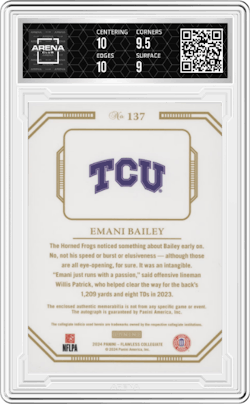 Emani Bailey from the 2024 Panini Flawless Collegiate set featuring a Platinum parallel and given an overall grade of 9.5.