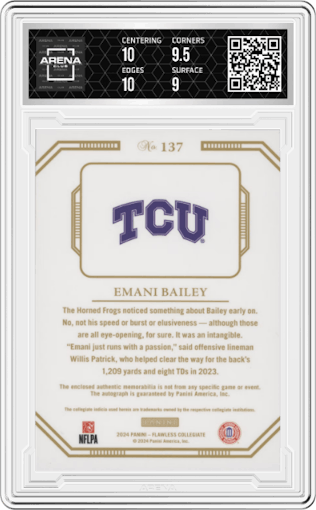 Emani Bailey from the 2024 Panini Flawless Collegiate set featuring a Platinum parallel graded by Arena Club and given an overall grade of 9.5.