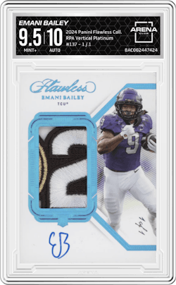 Emani Bailey from the 2024 Panini Flawless Collegiate set featuring a Platinum parallel and given an overall grade of 9.5.