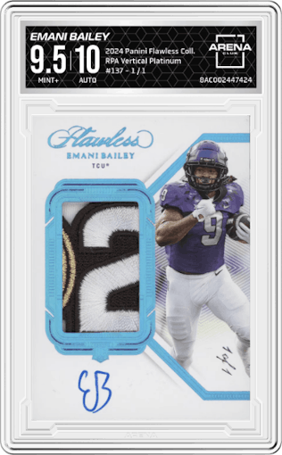 Emani Bailey from the 2024 Panini Flawless Collegiate set featuring a Platinum parallel graded by Arena Club and given an overall grade of 9.5.
