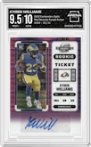 Kyren Williams from the 2022 Panini Contenders Optic set featuring a  Purple Pulsar parallel graded by Arena Club and given an overall grade of 9.5.