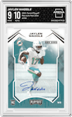 Jaylen Waddle from the 2021 Panini Playoff set featuring a Red Zone parallel graded by Arena Club and given an overall grade of 9.