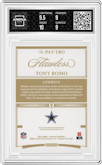 Tony Romo  from the 2021 Panini Flawless set featuring a Sapphire parallel graded by Arena Club and given an overall grade of 9.5.