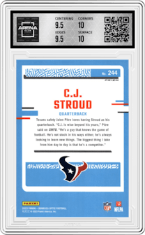 C.J. Stroud from the 2023 Donruss Optic set featuring a Pink parallel graded by Arena Club and given an overall grade of 10.