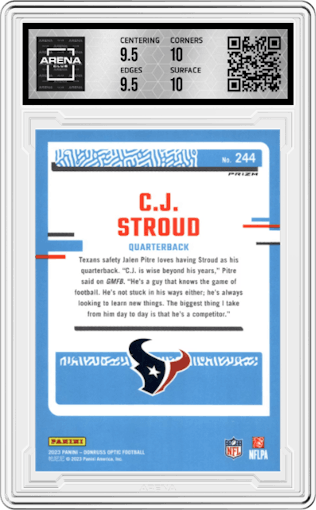 C.J. Stroud from the 2023 Donruss Optic set featuring a Pink parallel graded by Arena Club and given an overall grade of 10.